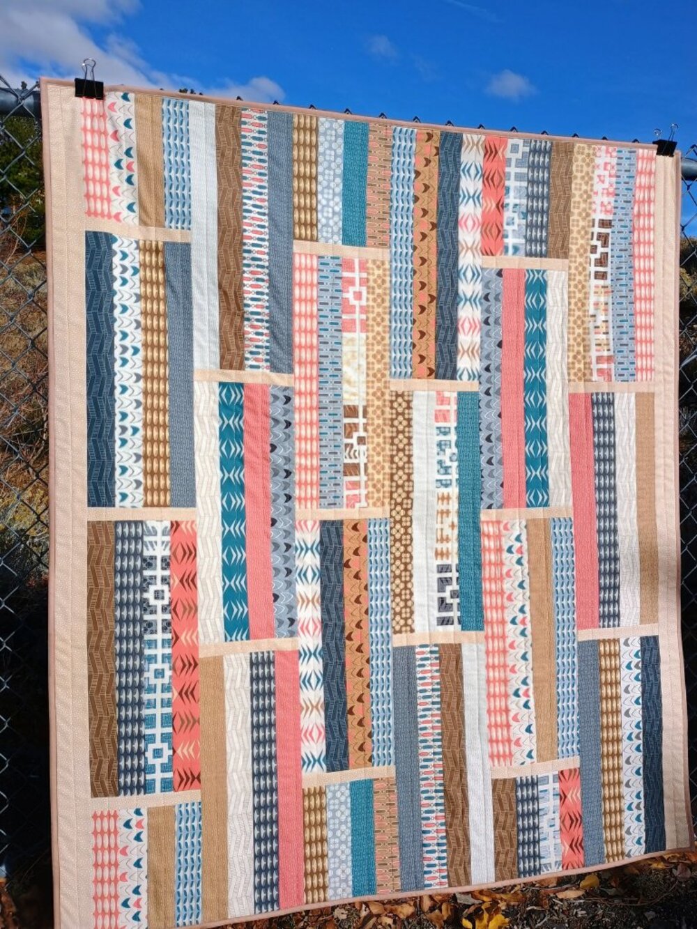 BN HANDMADE JELLY ROLL LAP QUILT MODERN NEUTRAL COLORS TAN GRAY TEAL